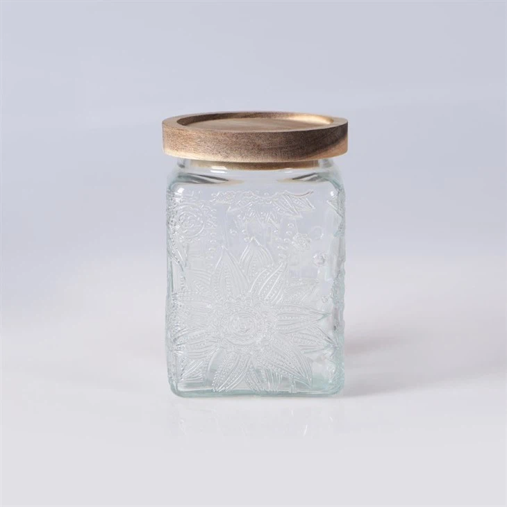 square glass storage jar with wooden lids